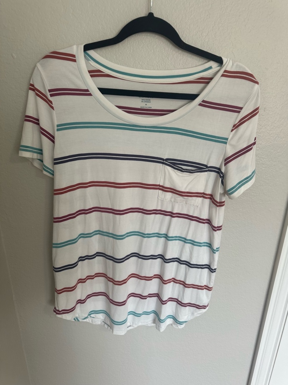 Market & Spruce White Multi-Stripe Scoop Neck Pocket Tee